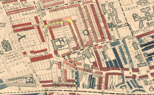 above the location of halidon street shaded in yellow in the district of hackney east london as shown in a map produced by charles booth in 1899 to